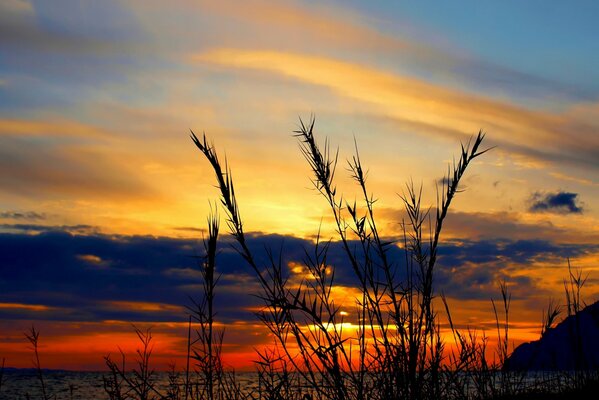 Hermosa puesta de sol nubes azules