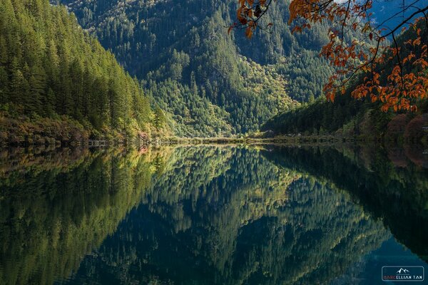 Earlier in the morning, the mountains are watching the mountain lake gives a perfect reflection. In the mirror of the water surface video mountains, forest trees