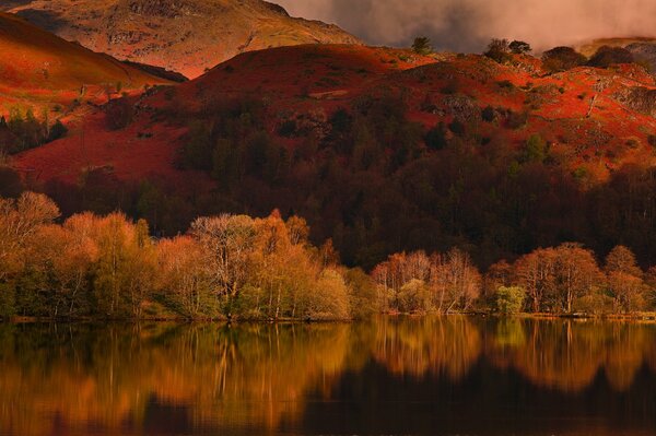 Reflection of the autumn landscape in the lake surface