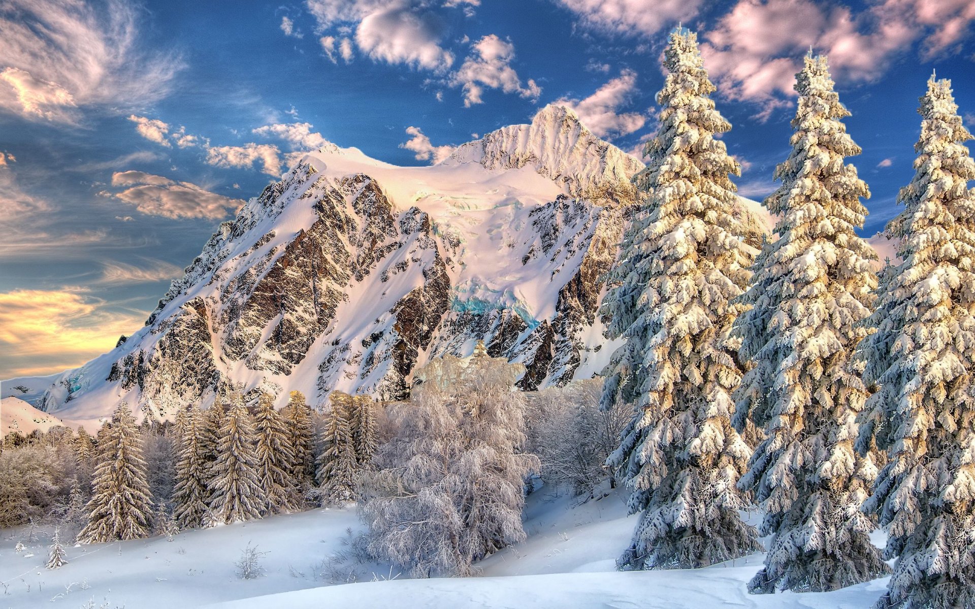 ciel nuages montagnes hiver neige arbres sapin paysage