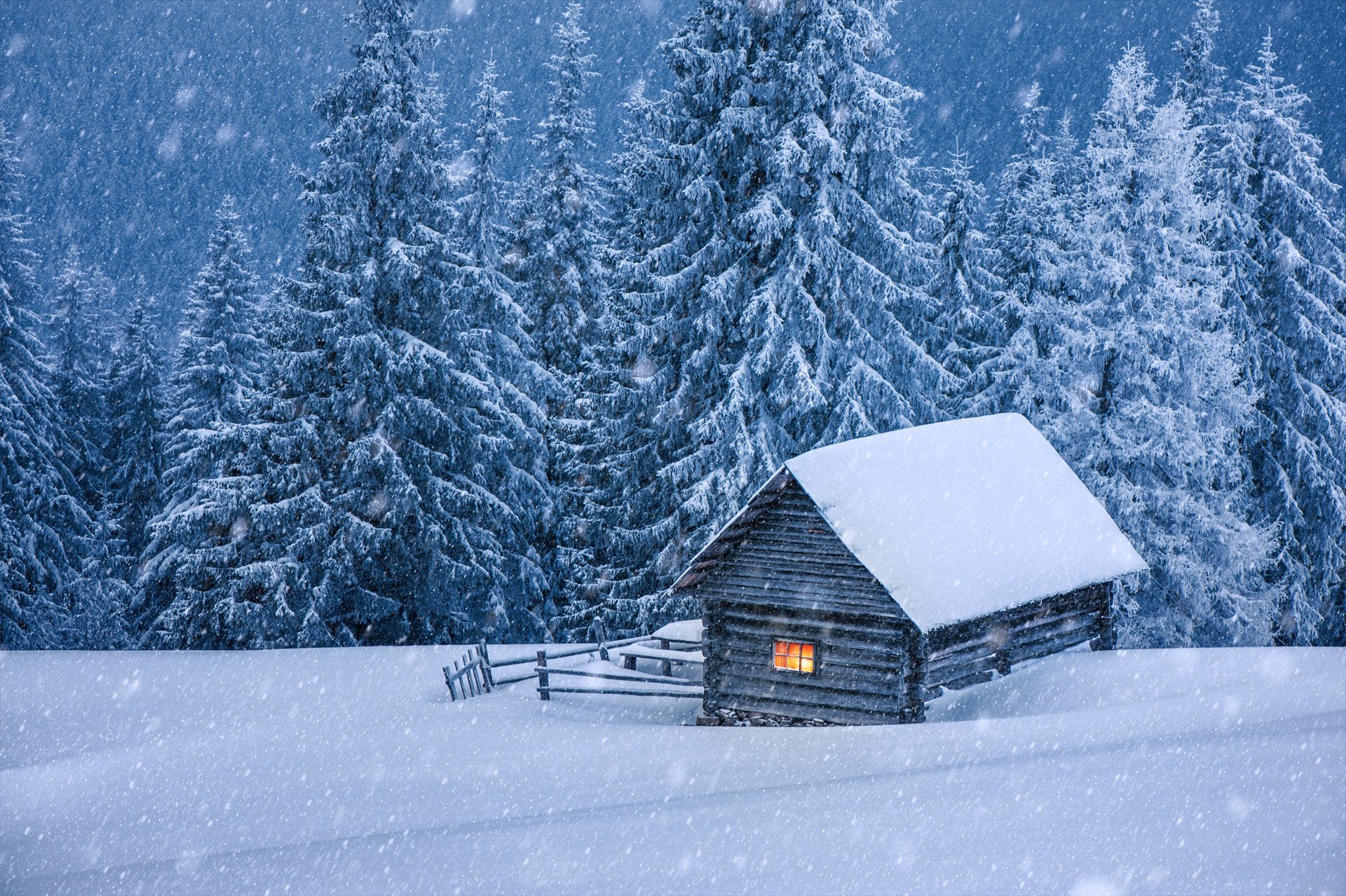 winter landscape snow winter christmas trees hut house