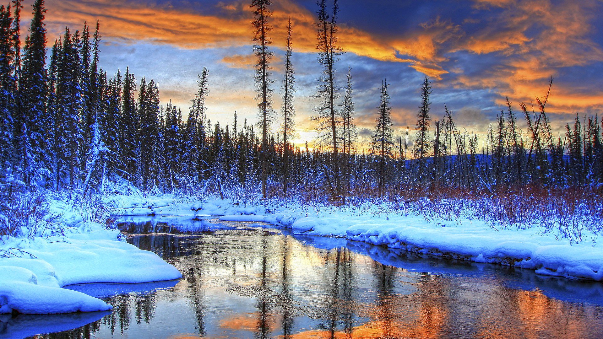 ky clouds sunset winter snow tree river creek landscape forest mountain