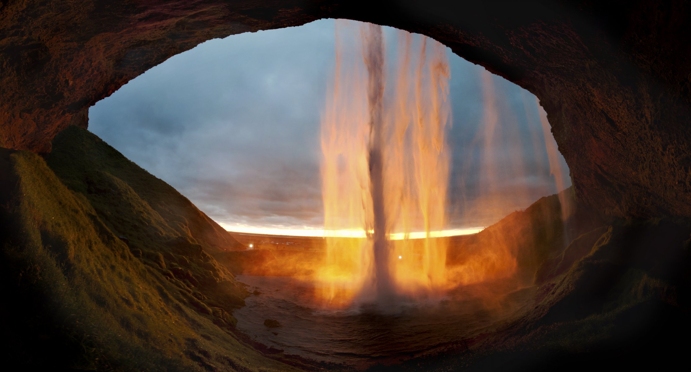 waterfall nature clouds vault cave