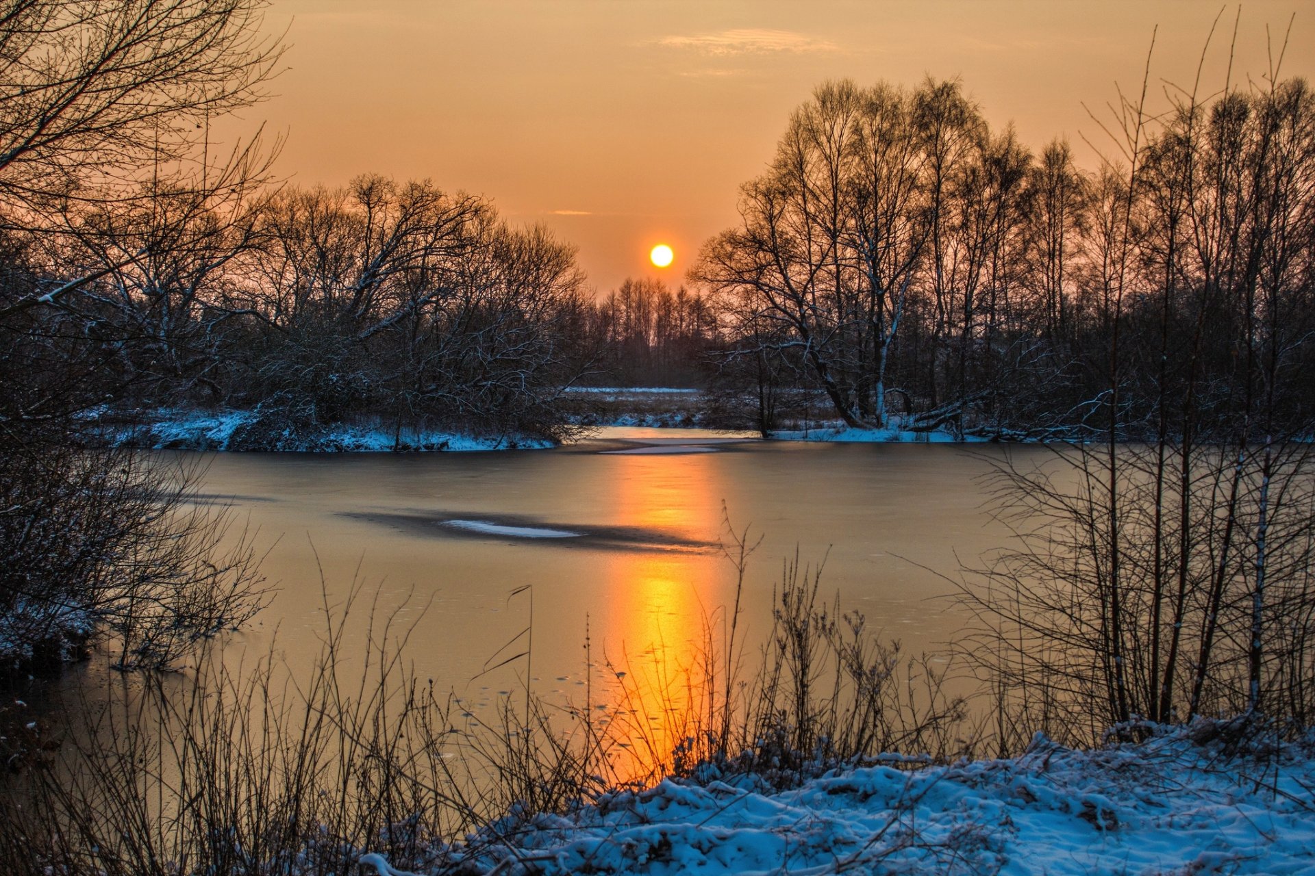 hiver neige eau arbres ciel soleil