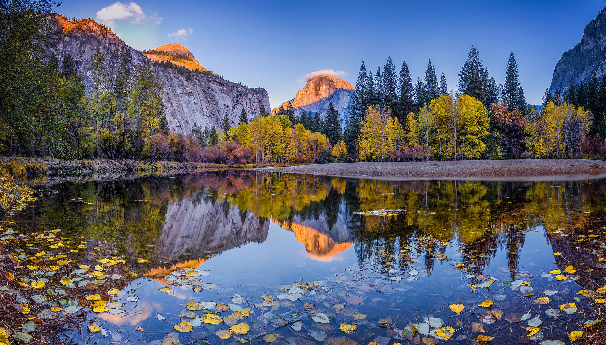 united states california national park yosemite autumn day mountain river forest tree foliage blue sky clouds reflection