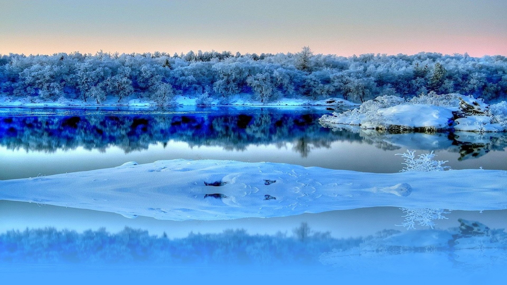 himmel wald fluss bäume reflexion schnee frost winter