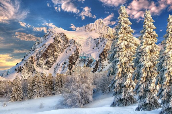 Winterlandschaft der Berge auf dem Hintergrund der weißen Wolken