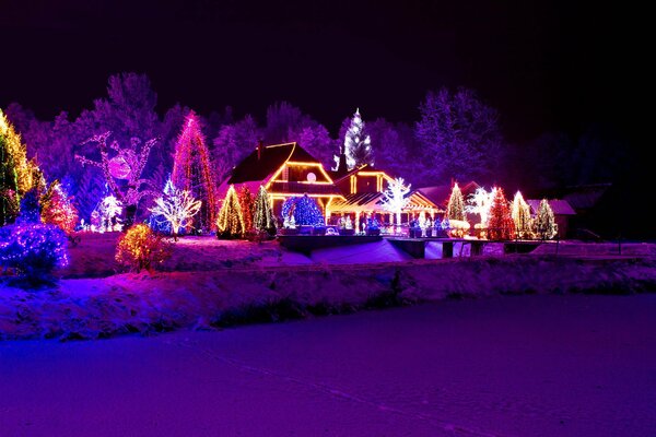 Guirnaldas de Navidad en casas y árboles por la noche