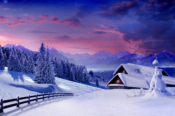 Paisaje de invierno cabaña de nieve