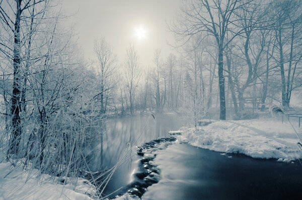 Winter landscape of the icy river