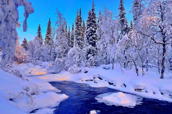 Winter landscape and river in the snow