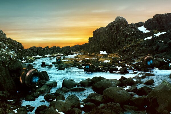 Puesta de sol sobre un río en las montañas de Islandia