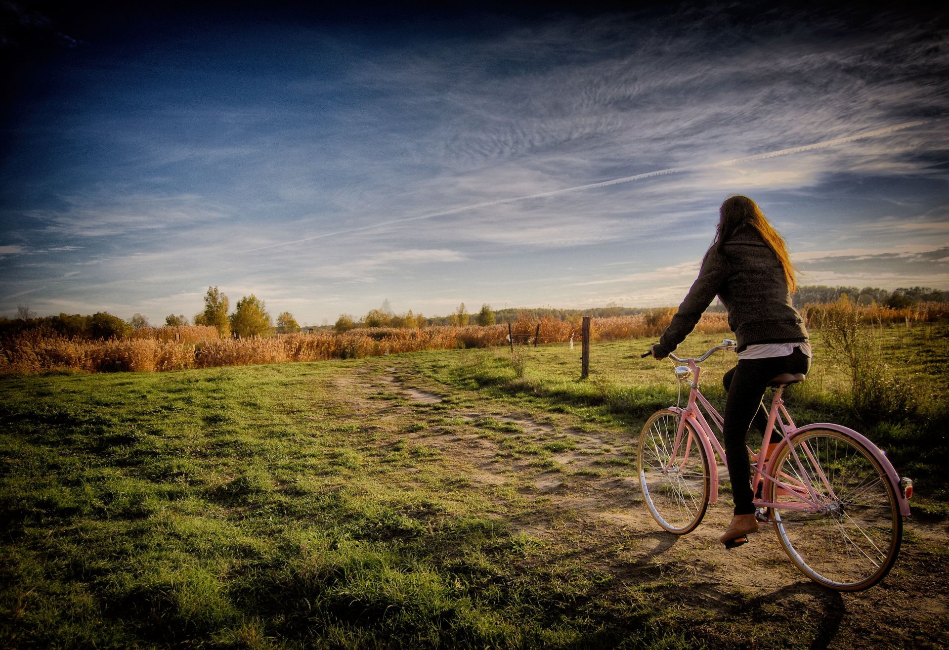 chica bicicleta campo cerca árboles