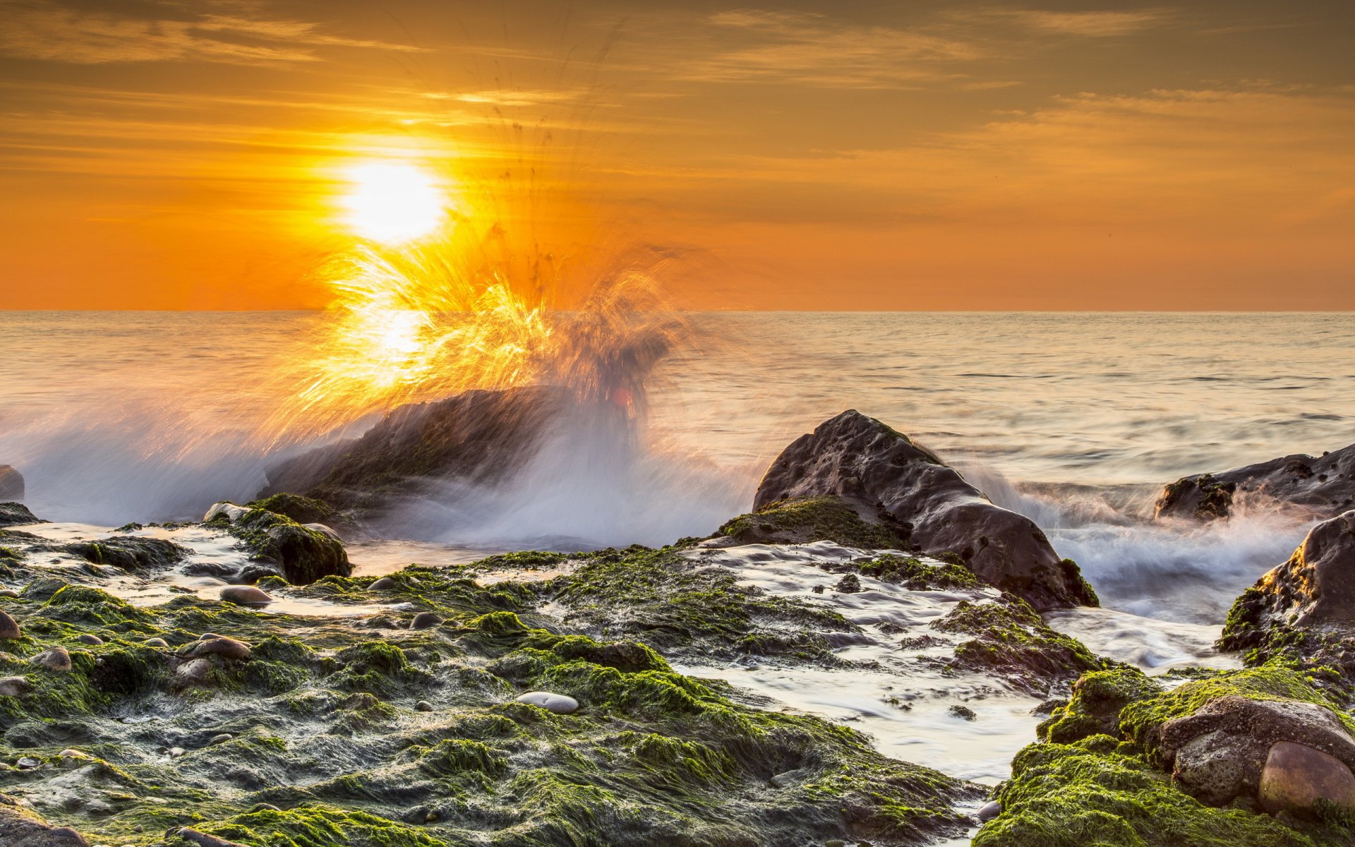 meer strand steine algen wellen spritzer sonne