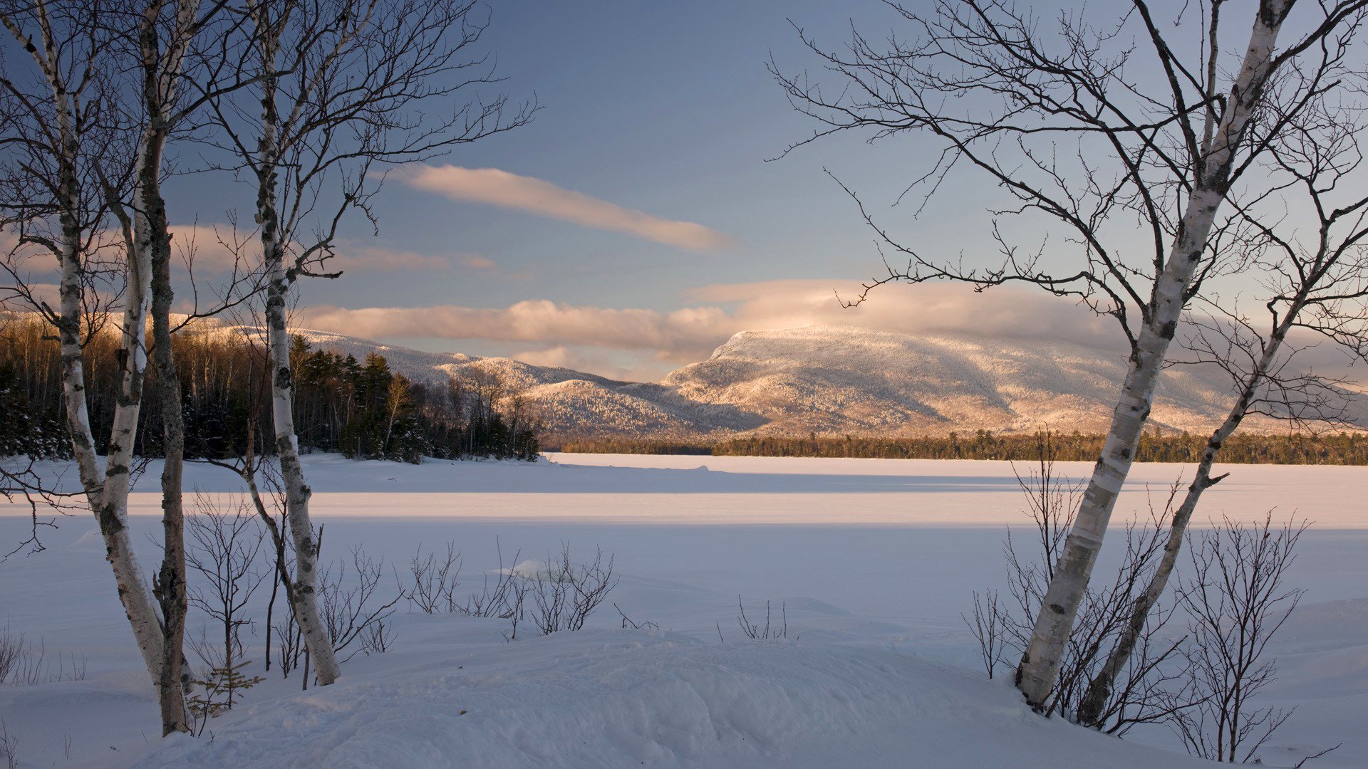 cielo montañas nieve invierno árboles bosque puesta de sol nubes abedul