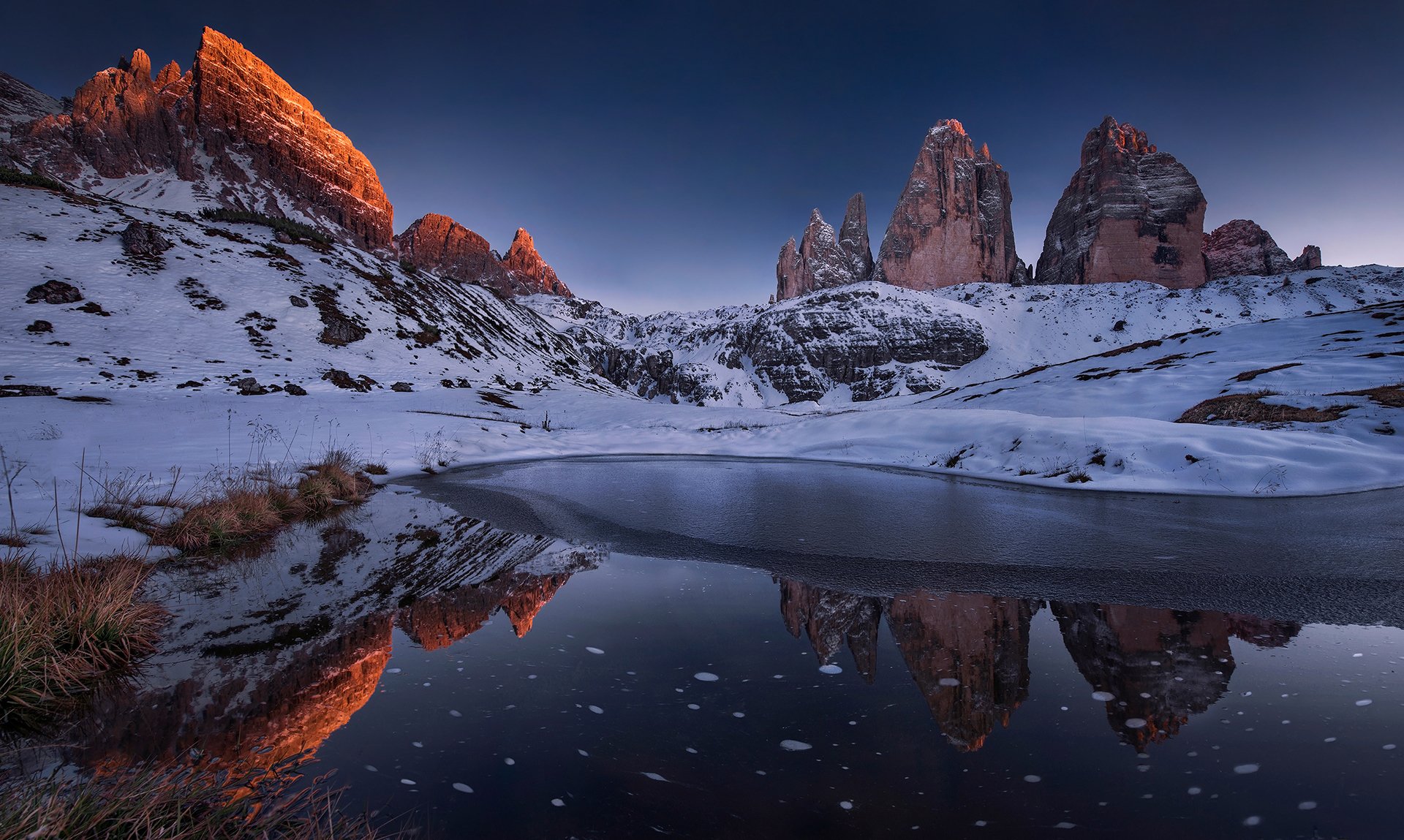 mountain snow clouds forest lake reflection nature