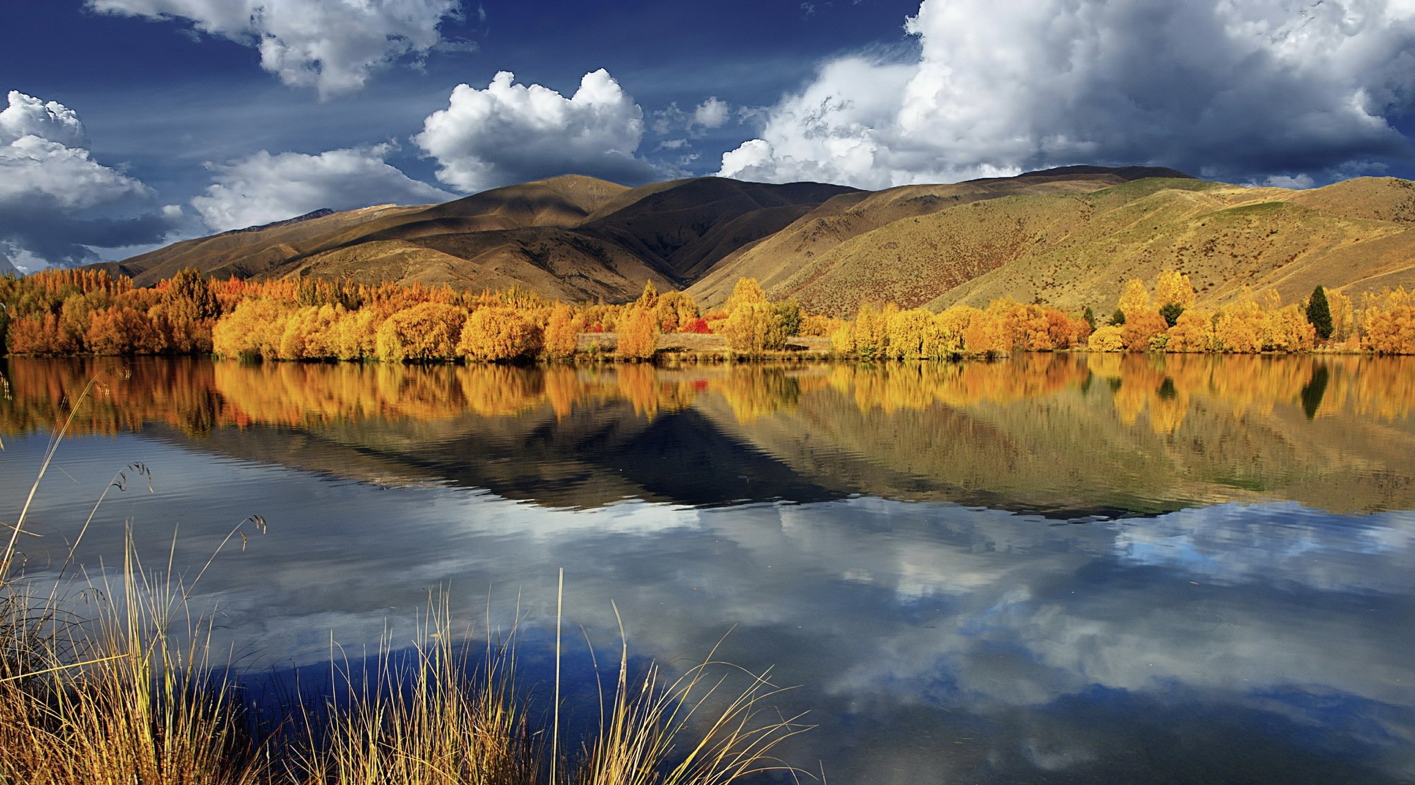 herbst hügel bäume see wolken reflexion