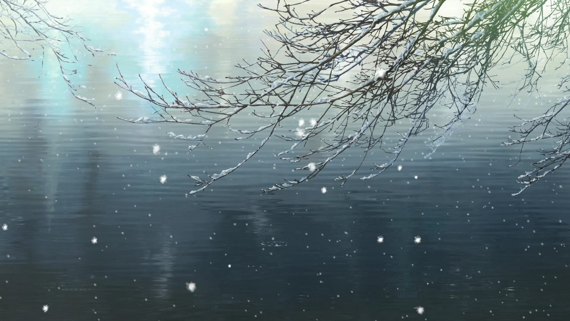 garden of words makoto shinkai pond branch snow winter light