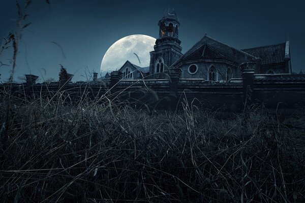 Full moon behind the night monastery