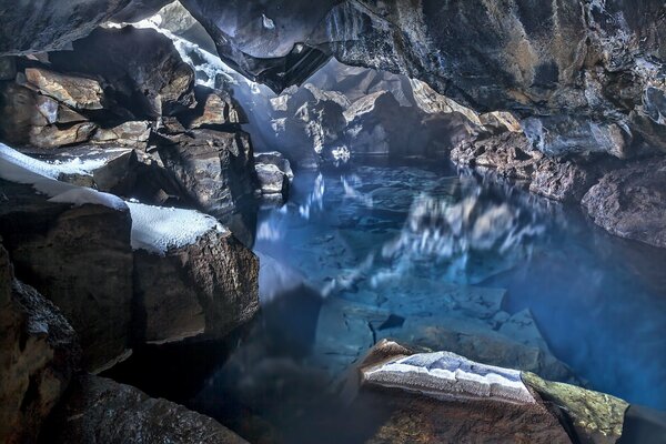 Blue water in the cave of Iceland