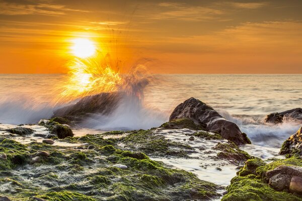 Die Welle schlägt auf große Steine