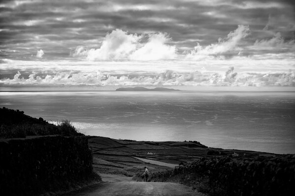 Foto en blanco y negro del paisaje marino