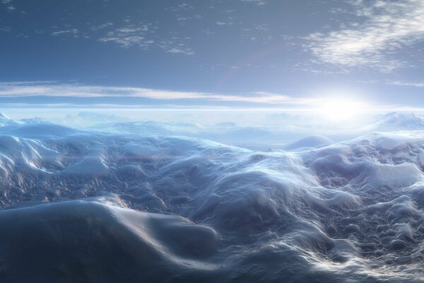 Snowy landscape with blue morning sky