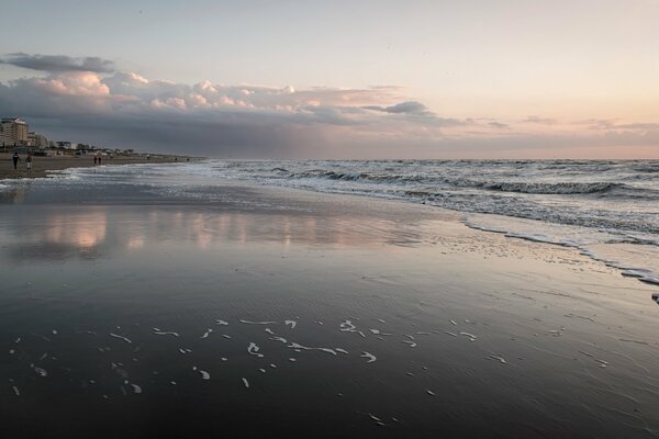 Playa iluminada por una puesta de sol rosa