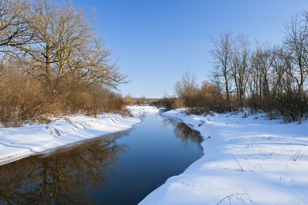 Die Bäume im Winterwald spiegeln sich in der ruhigen Oberfläche des Flusses wider