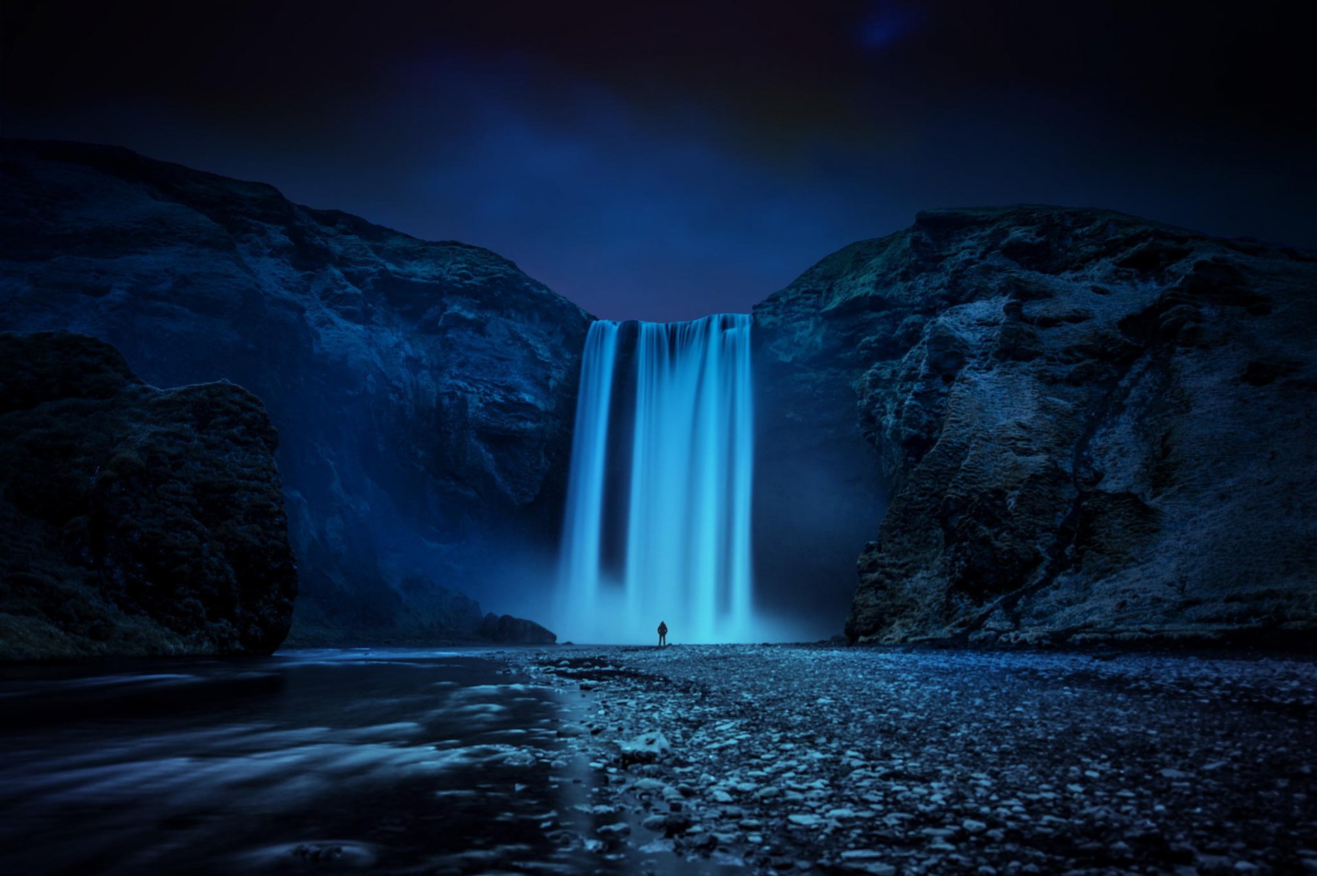 kogafoss iceland waterfall skogafoss stream rocks river island night man nature