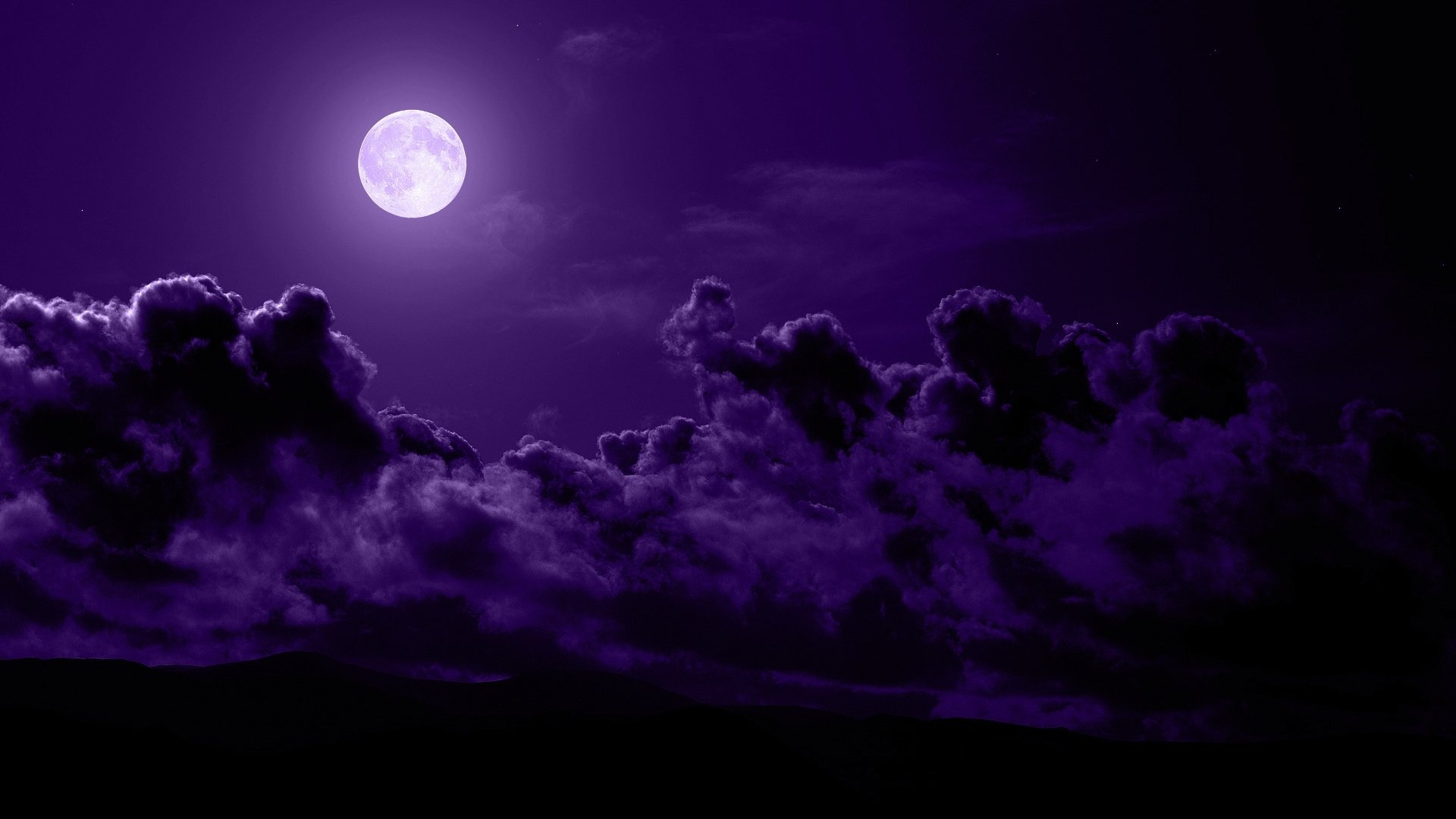 nuit lune nuages montagnes violet