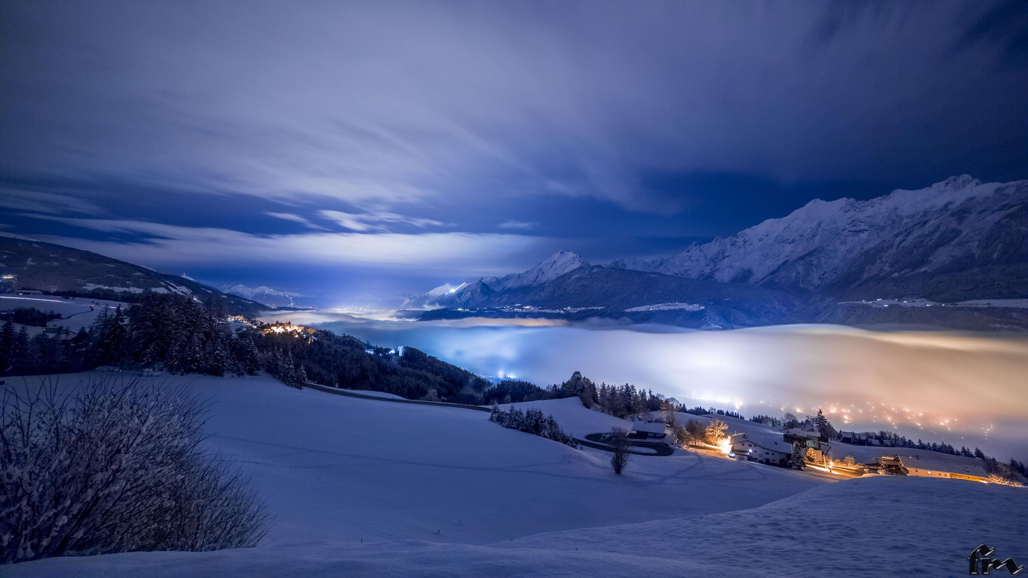 winter mountain valley haze snow night