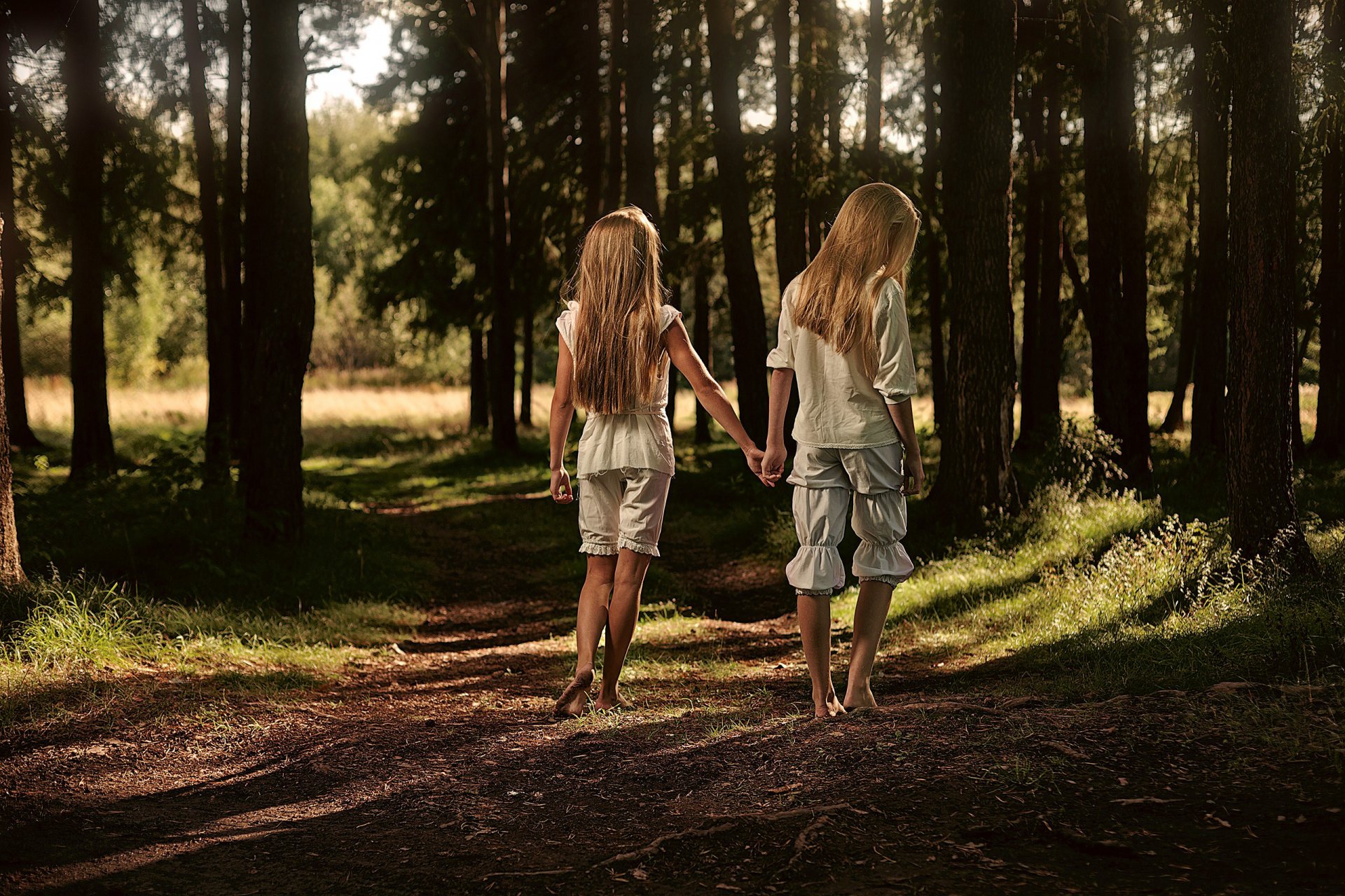 girls the pair hair walk forest green grass road trail