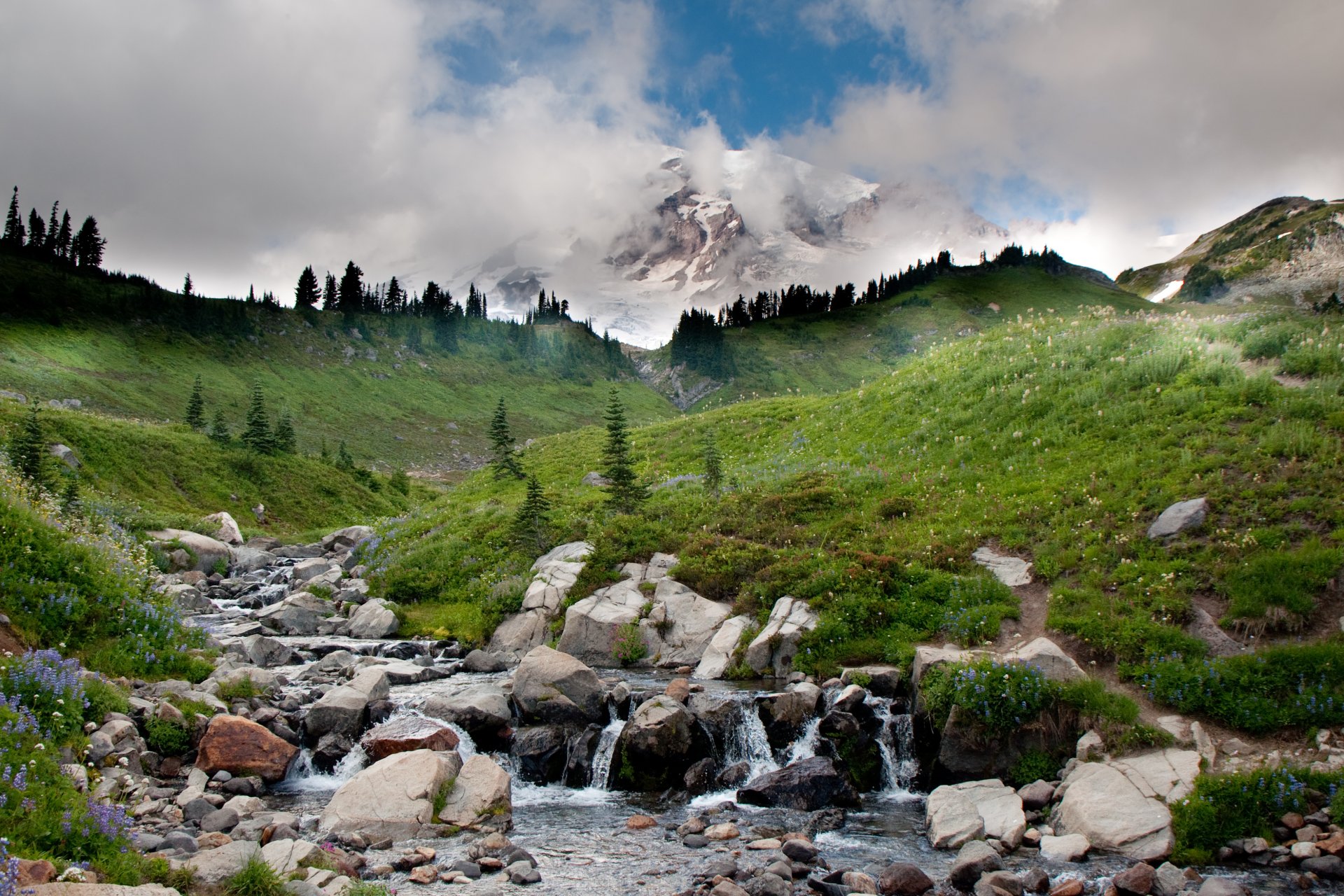 landscape mountain sky clouds river stones creek grass tree water