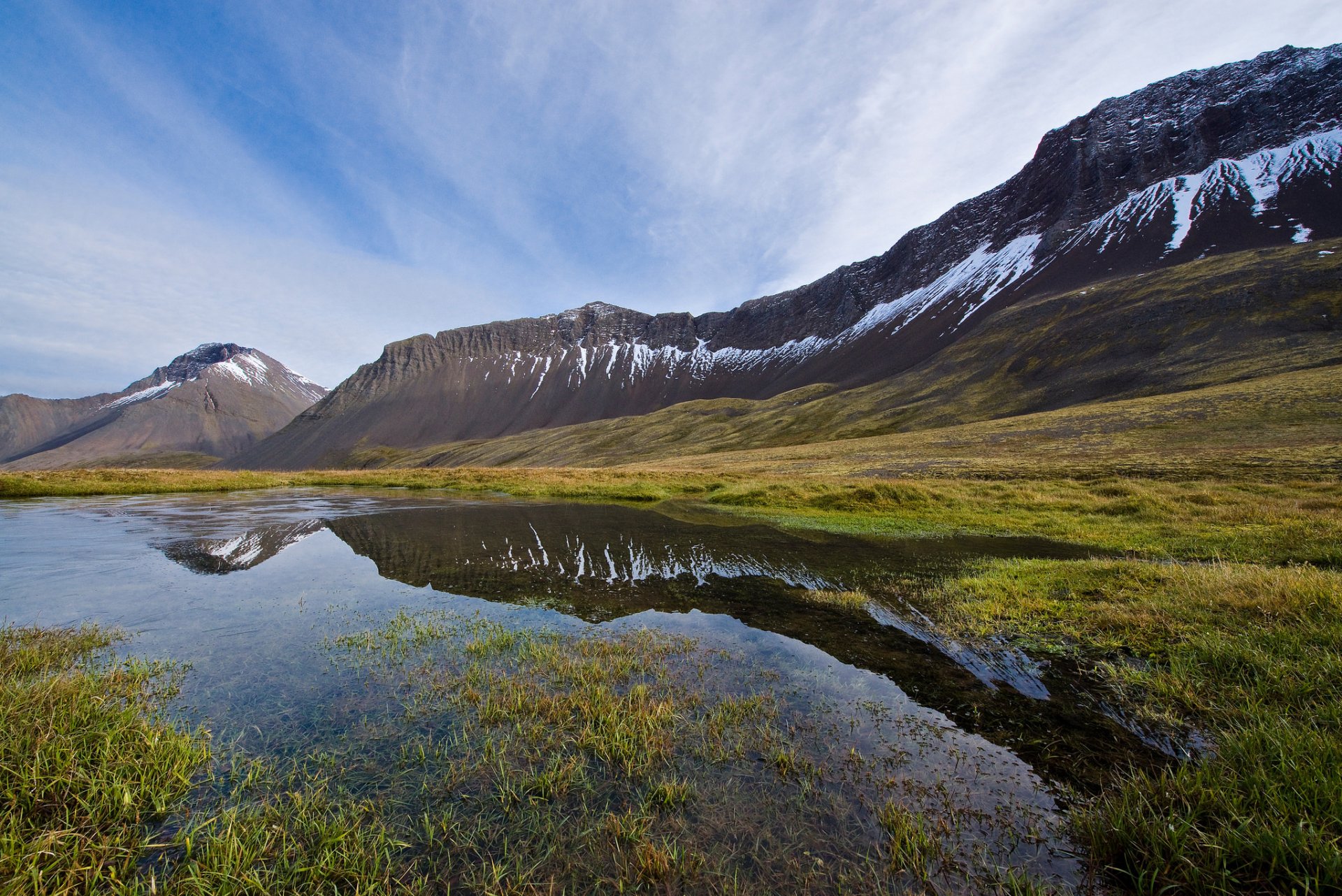 islandia valle montañas hierba lago cielo nubes reflexión