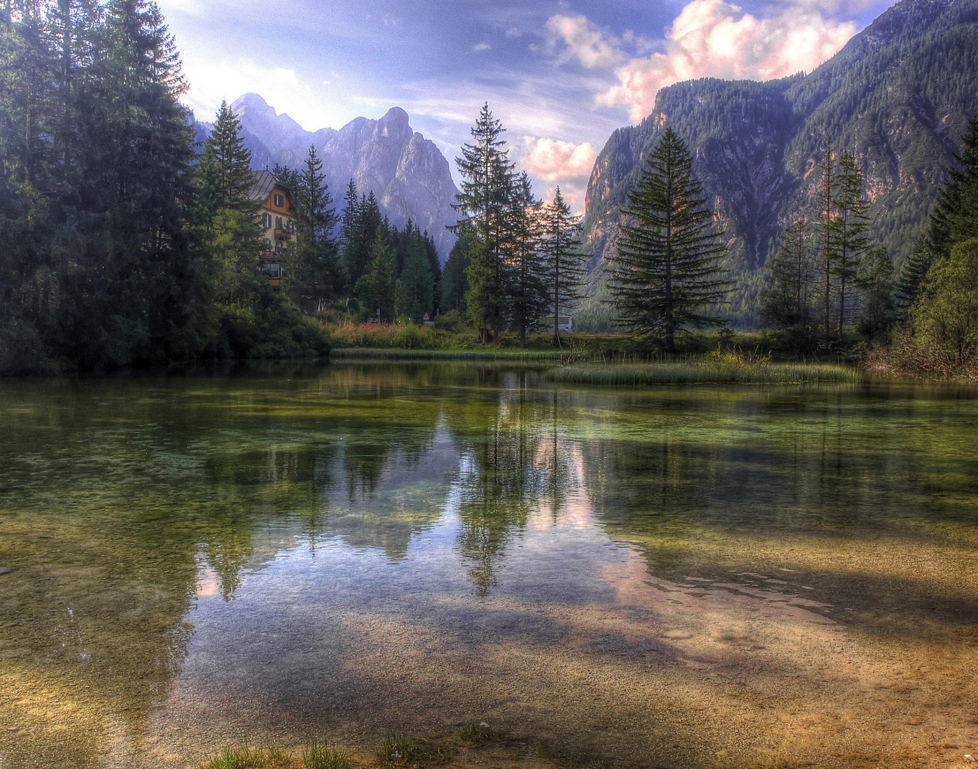 montagnes arbres réflexion