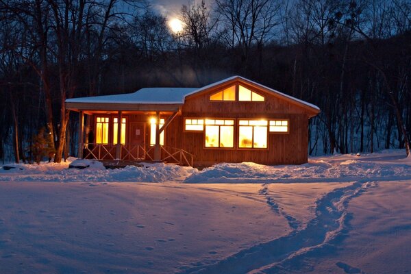 A warm house in the winter forest. A quiet evening in the forest