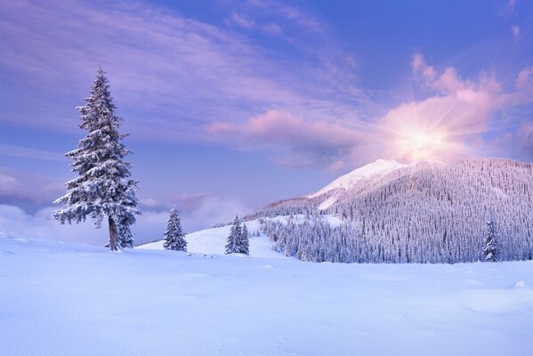 Sole sulla montagna in una giornata invernale