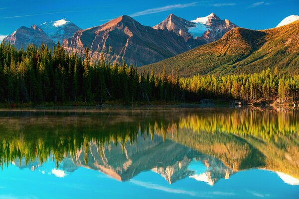 Mountains above the lake in sunny weather