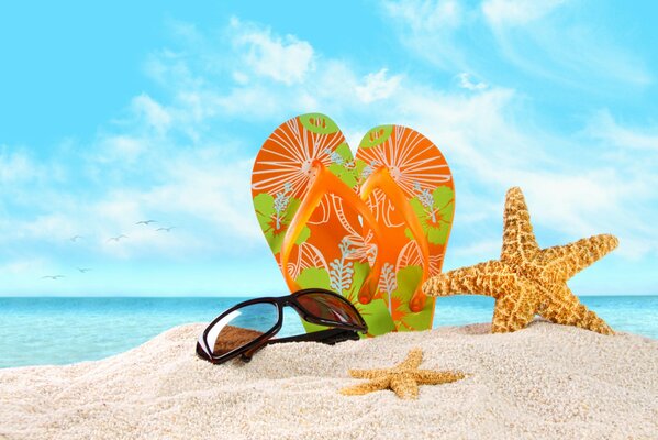 Plage de mer avec du sable, des lunettes de foudre, des ardoises et une étoile de mer