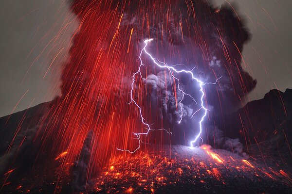 Volcanic eruption. Bright splashes. Lightning, thunder and fire