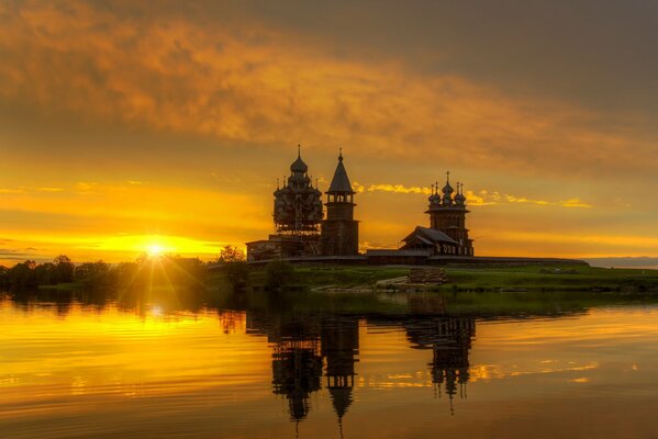 Reflection of the church in the water at dawn