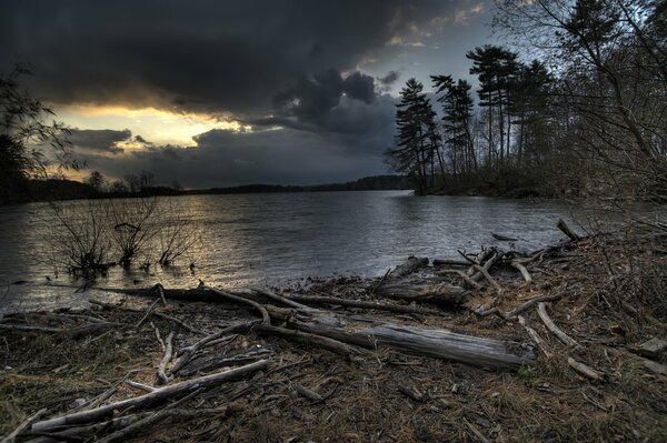 A river against a gloomy sky