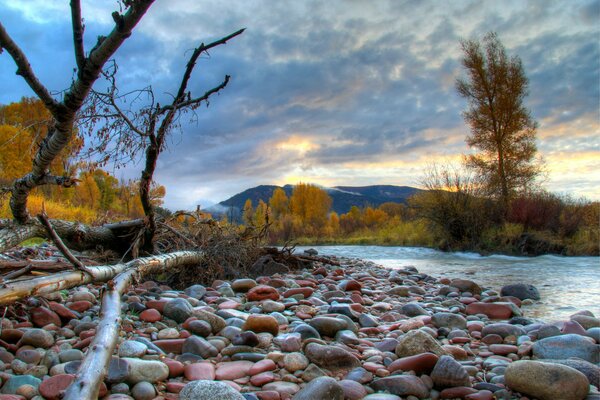 Autunno fiume di montagna di giorno