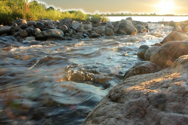The rapid flow of water through the stones to the sun. Photo of the river