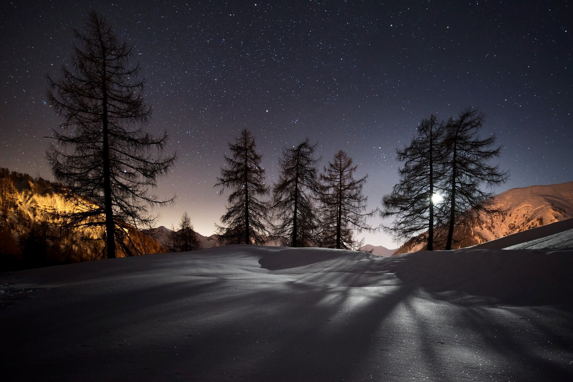 winter schnee berge bäume nacht sterne natur