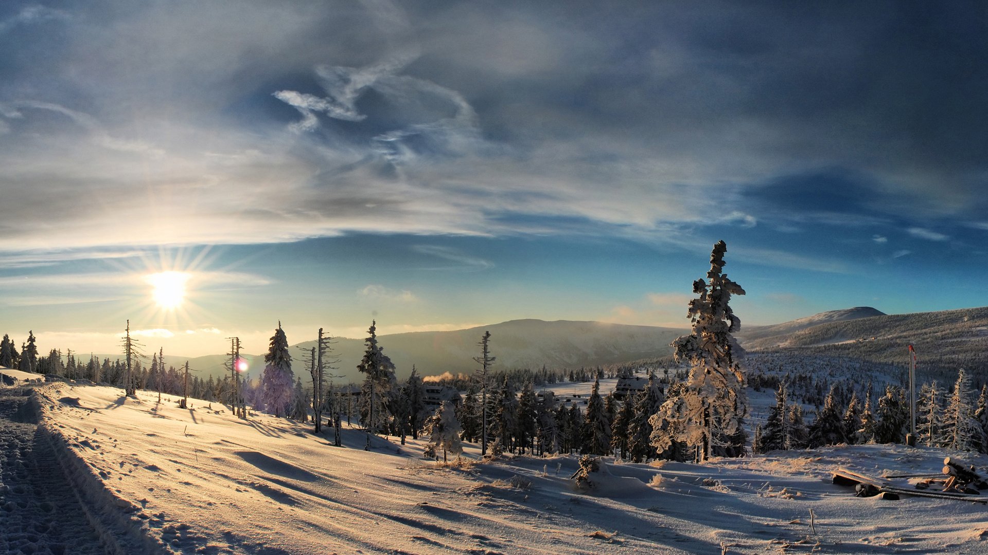 hiver neige coucher de soleil gel montagnes forêt soleil