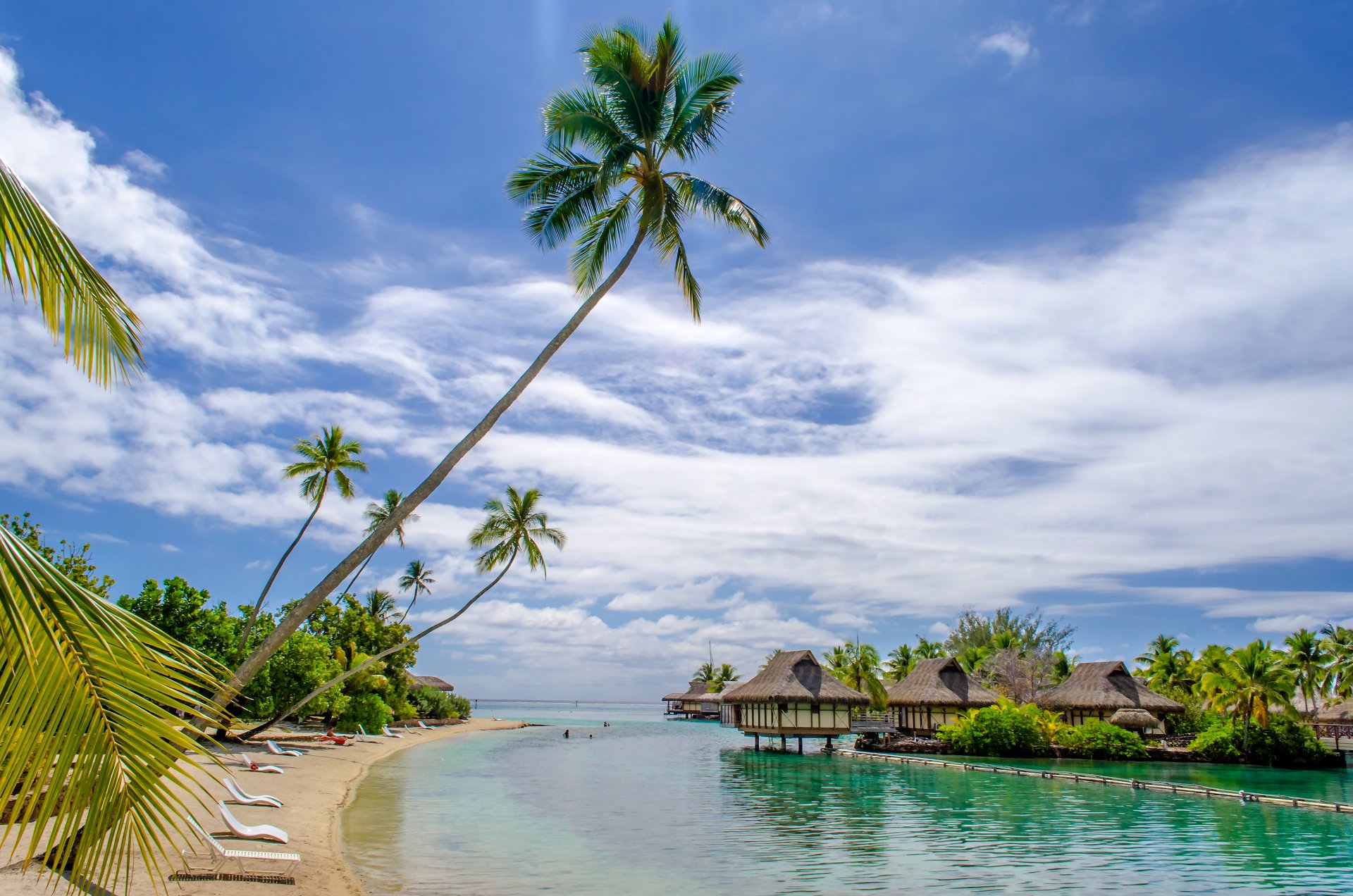 tropisch paradies strand palmen meer ozean sonne sommer urlaub hütte häuser tropen