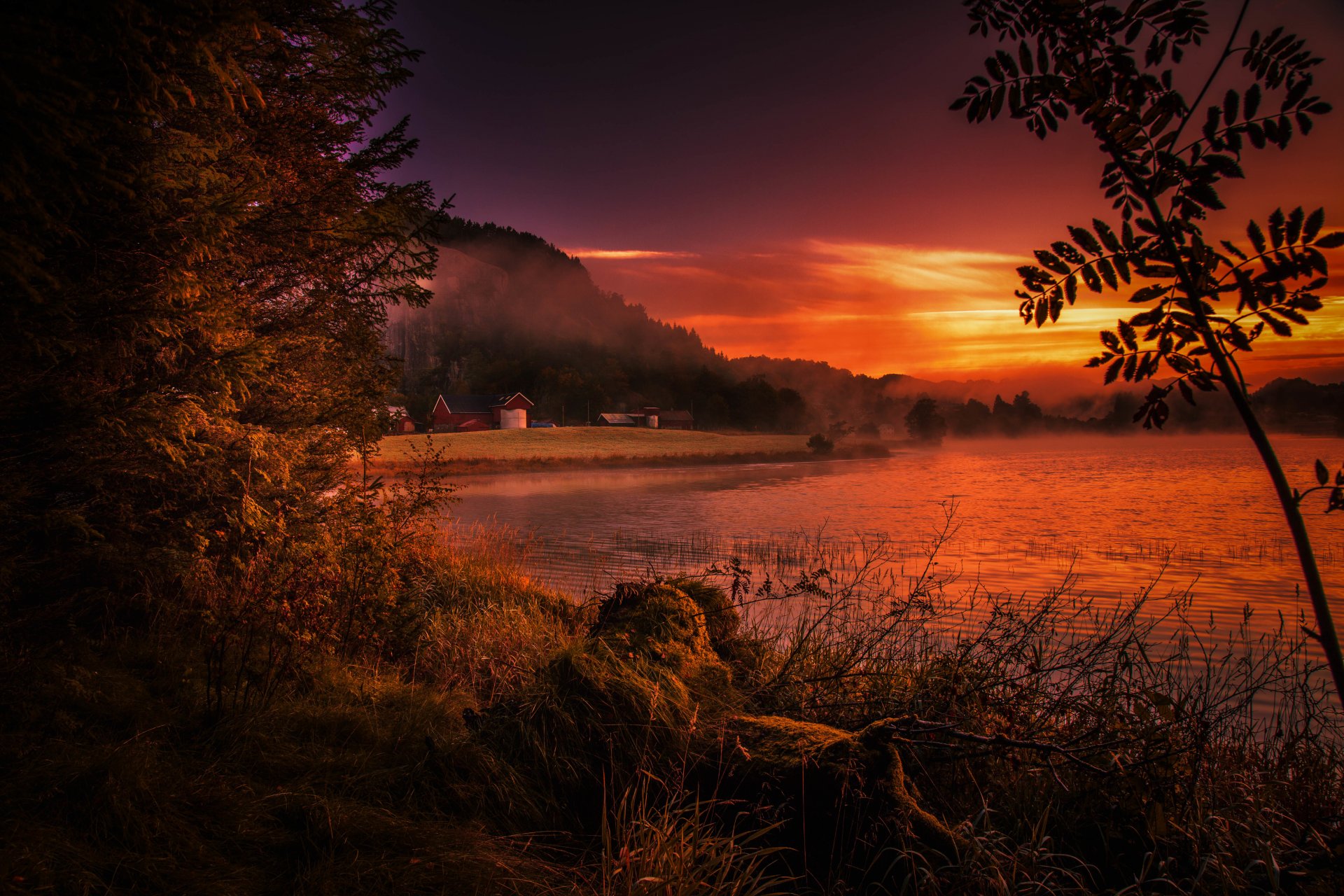 norwegen rugaland fluss ufer sonnenuntergang nebel