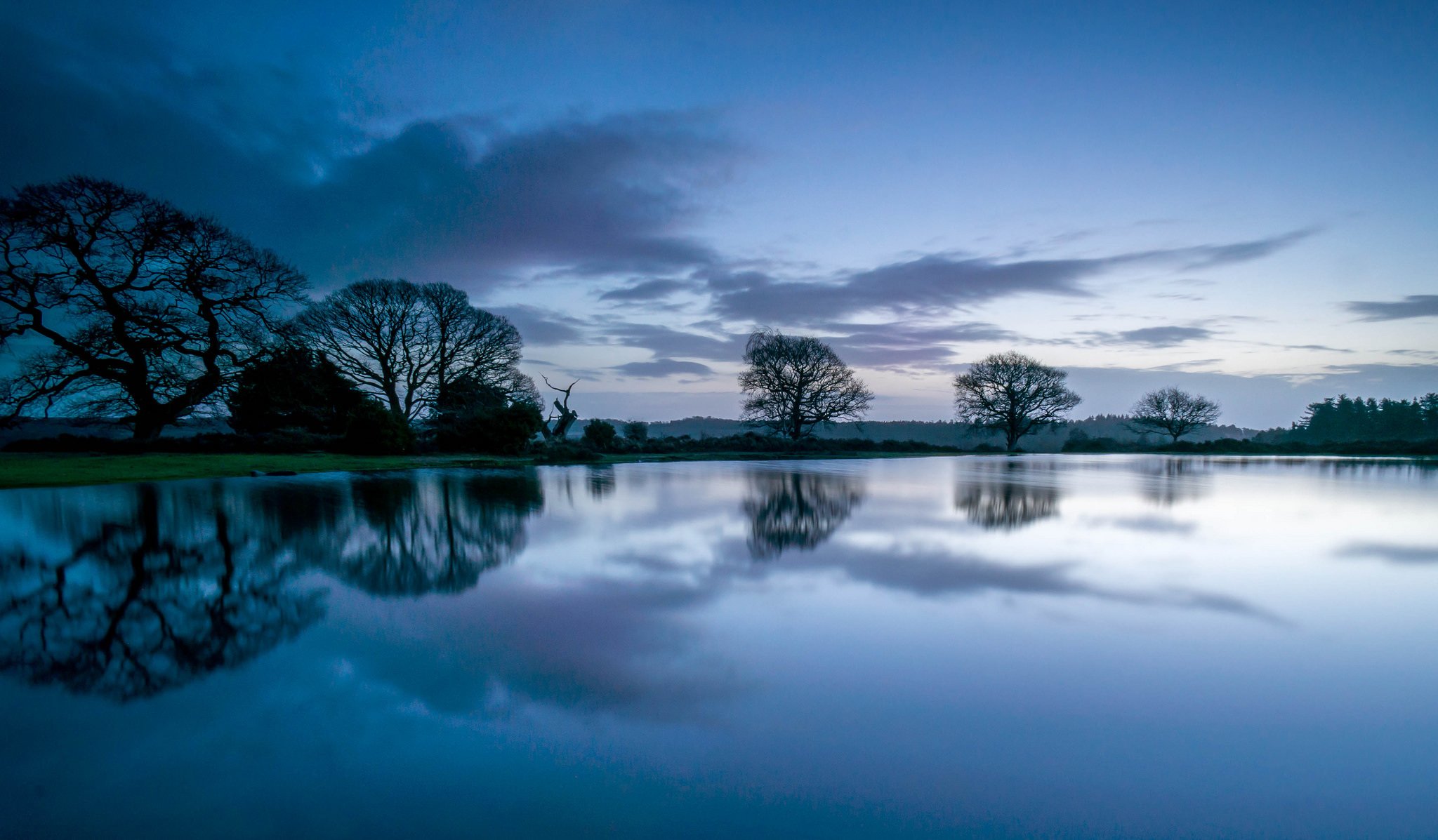 noche antes del amanecer árboles bosque río cielo nubes azul reflexión